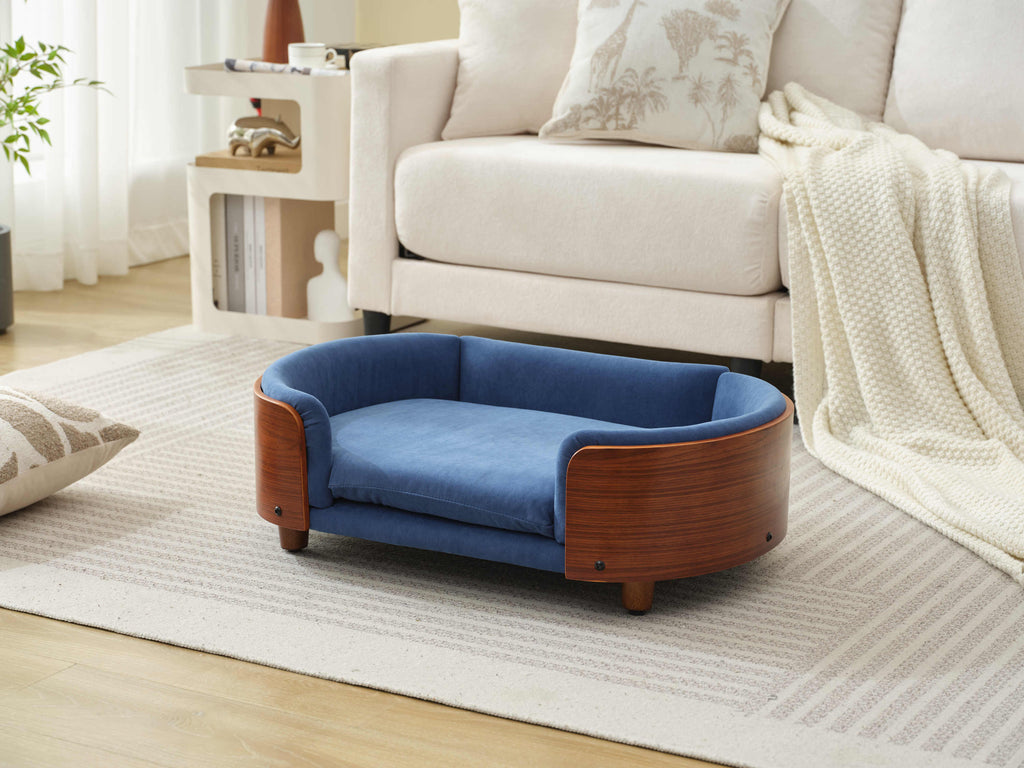 Scandinavian Style Elevated Dog Bed Pet Sofa Velvet Dark Blue Small Size