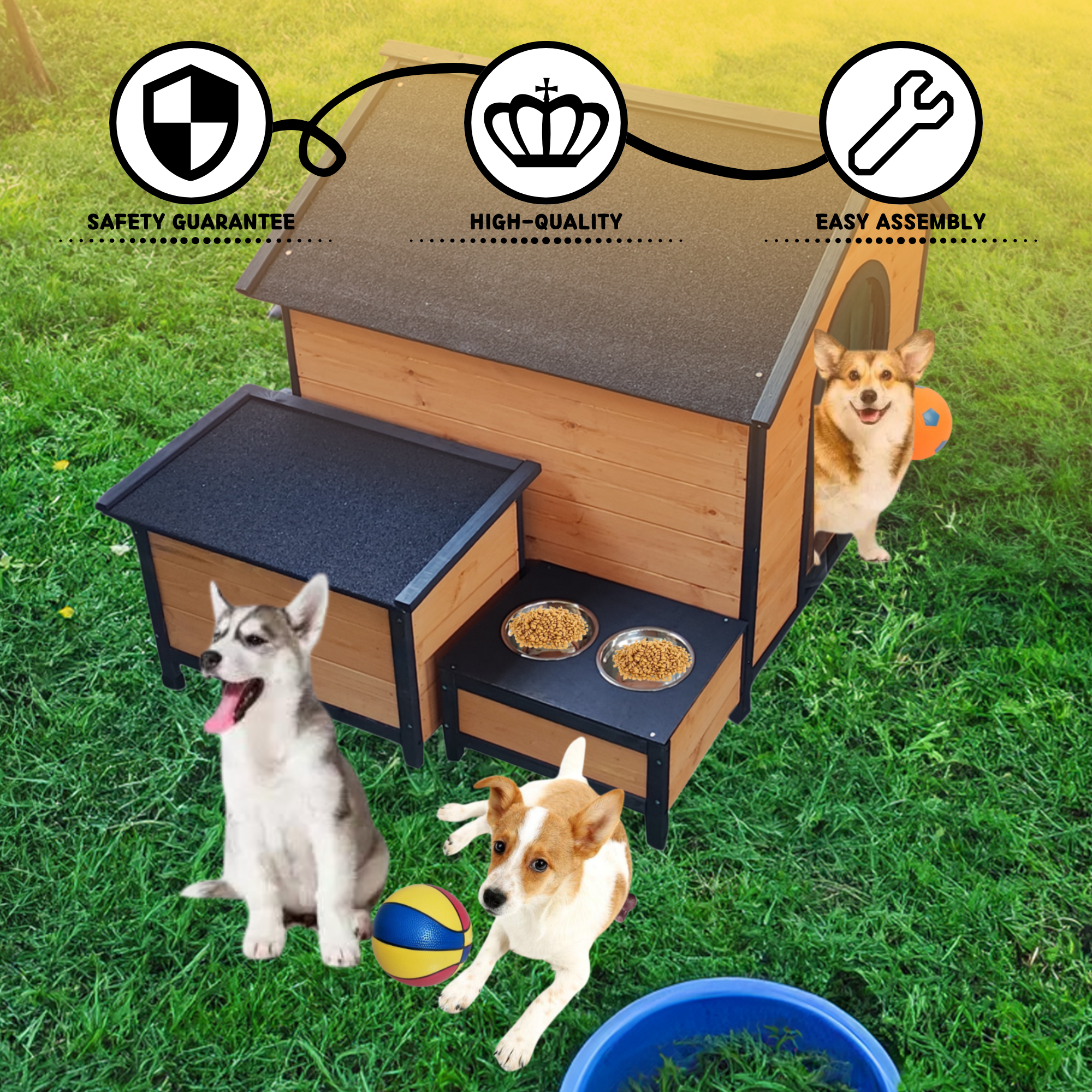 XPT088 Wearable and Strong Wooden Dog House with Metal Bowls and Toy Box